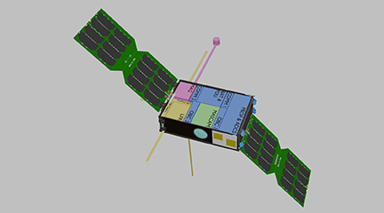 ترسیم شماتیک ماهواره با بال های پنل خورشیدی.  بدنه مرکزی یک منشور مستطیل شکل است.
