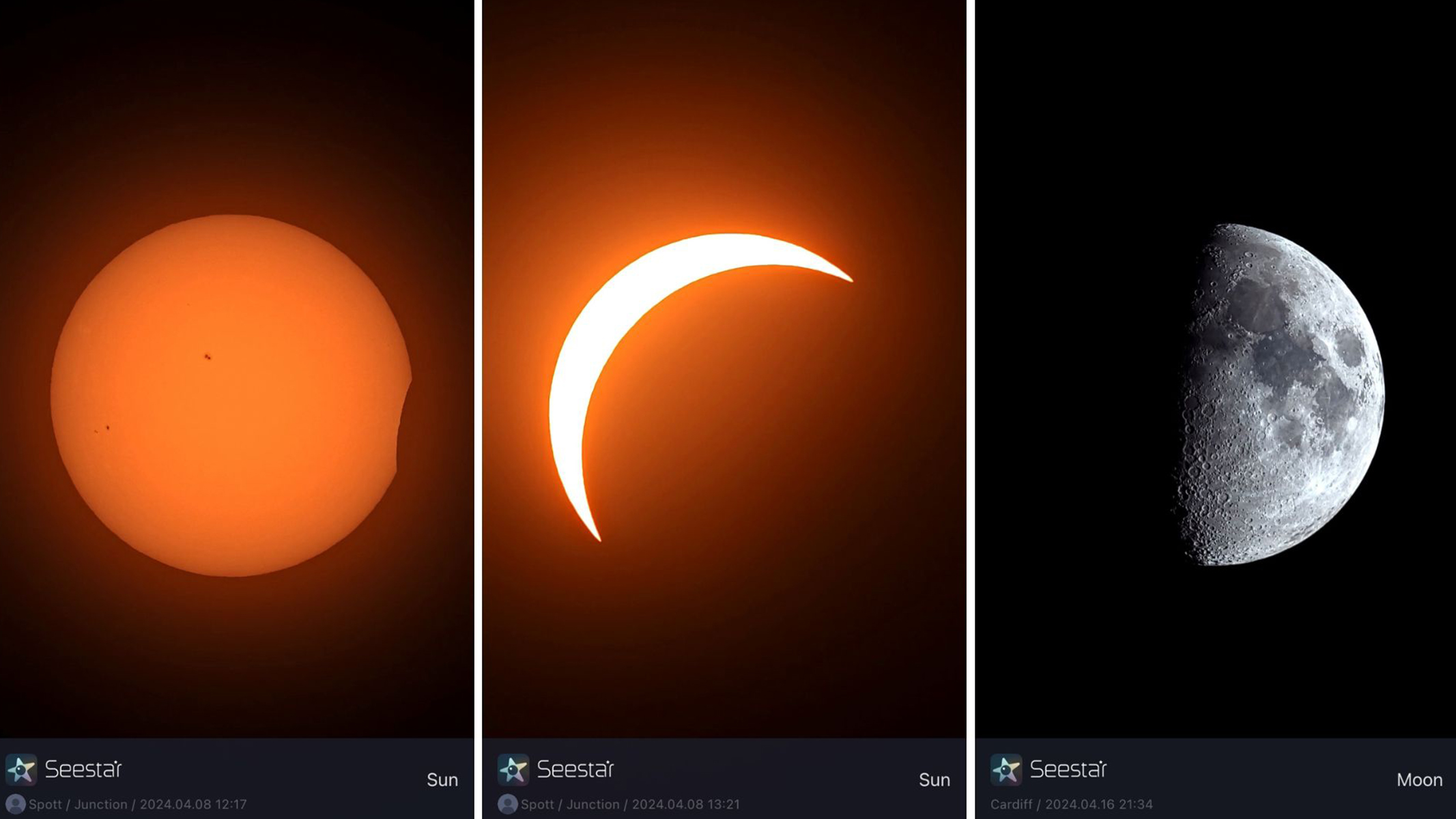 مجموعه ای از سه تصویر گرفته شده با تلسکوپ که یک ماه گرفتگی و خورشید گرفتگی ربع اول را نشان می دهد که با دوربین Seestar S50 گرفته شده است.