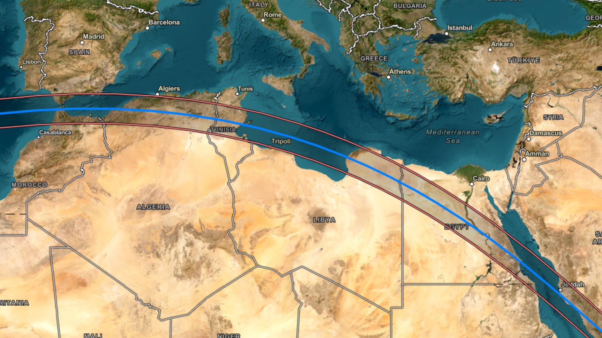 نقشه ای که مسیر خورشید گرفتگی کامل را در شمال آفریقا نشان می دهد.
