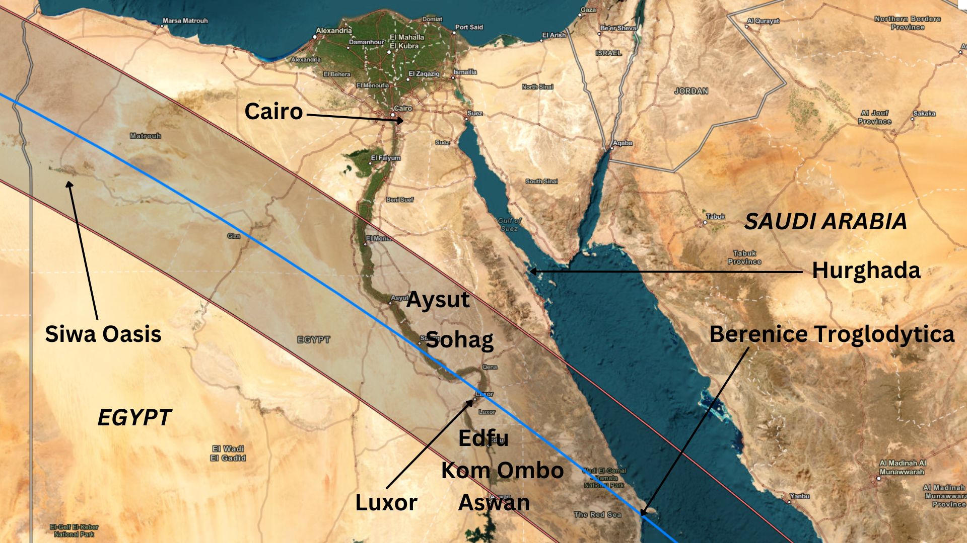 نقشه ای که مسیر کسوف را بر فراز شمال آفریقا، از جمله سیوا واحه و اقصر در مصر نشان می دهد.