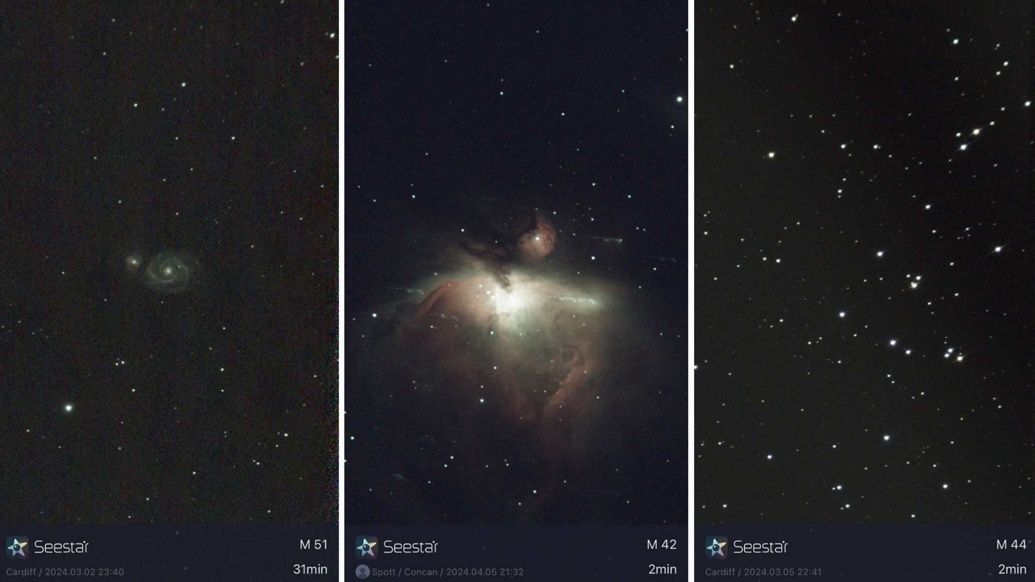 کهکشان گرداب، سحابی شکارچی و خوشه کندوی عسل با تلسکوپ هوشمند ZWO SeeStar S50 ثبت شدند.