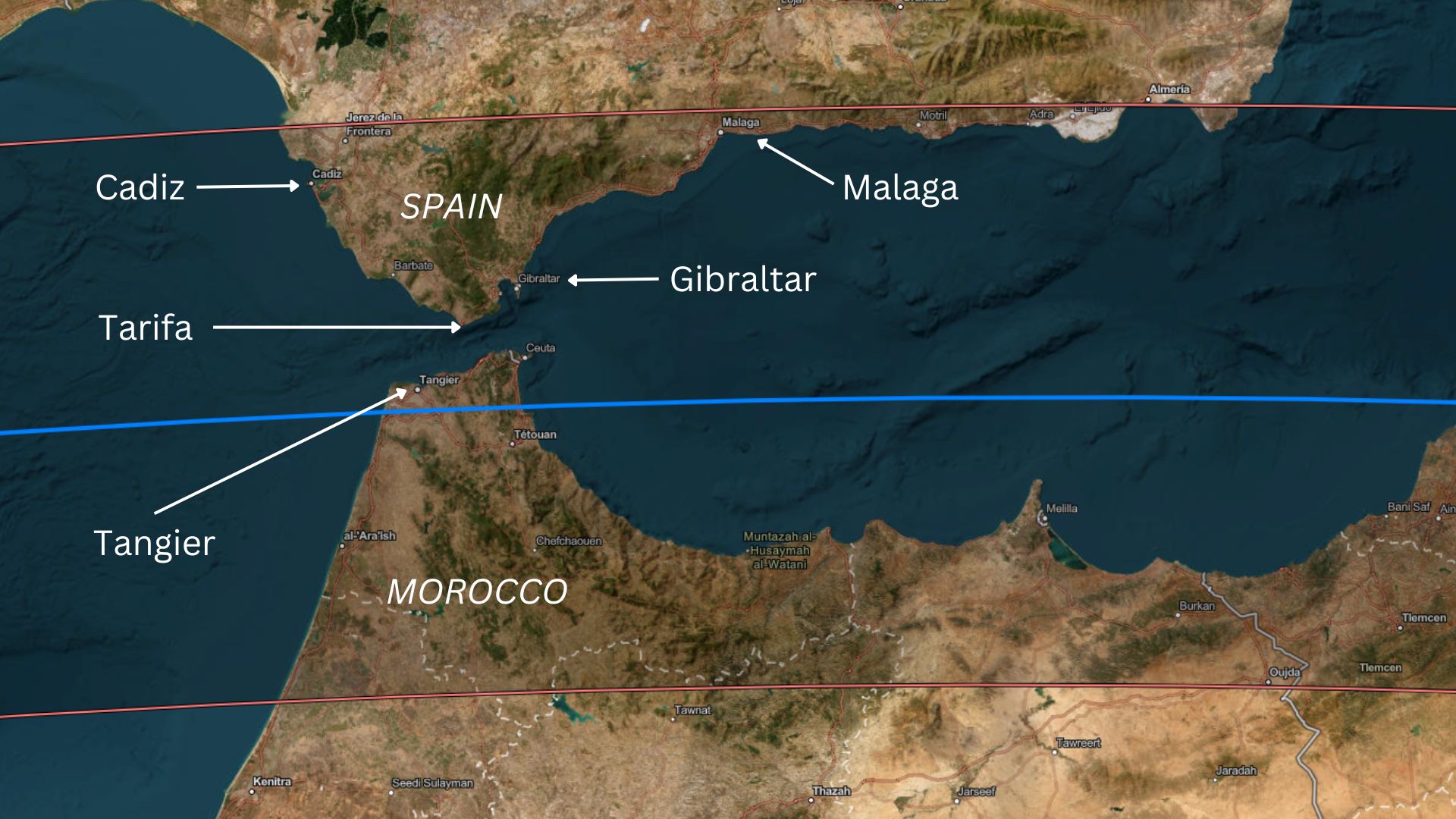 نقشه ای که مسیر خورشید گرفتگی کامل را نشان می دهد که از نوک شمالی مراکش و نوک جنوبی اسپانیا در طریفا عبور می کند.