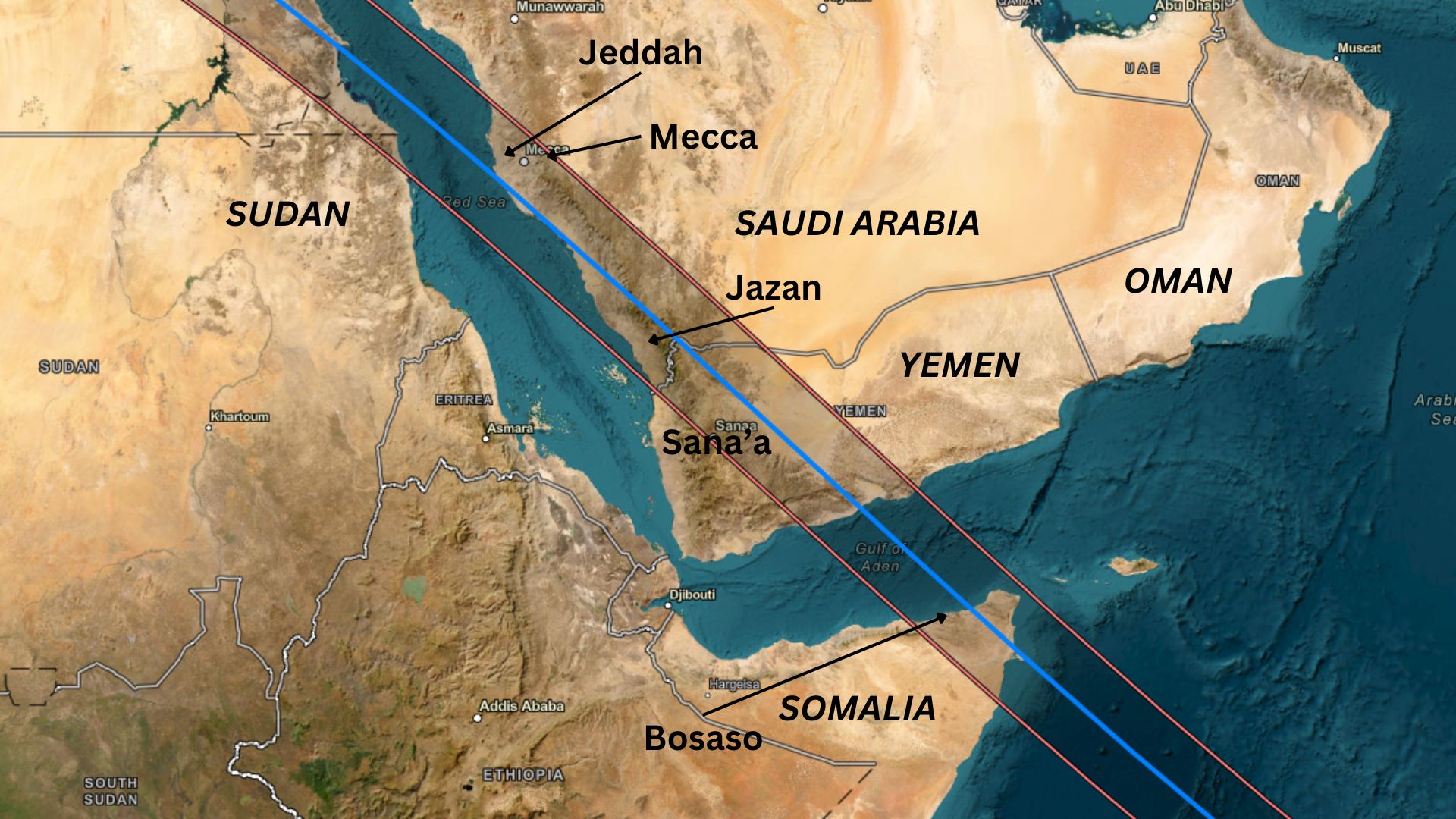 نقشه ای که مسیر خورشید گرفتگی کامل سال 2027 را در خاورمیانه نشان می دهد.