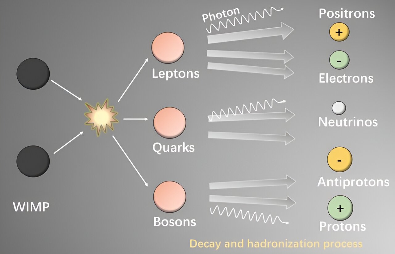 نموداری که نشان می دهد WIMPS به هم می پیوندد و از هم جدا می شود و ذرات دیگر از جمله فوتون ها را تشکیل می دهد.